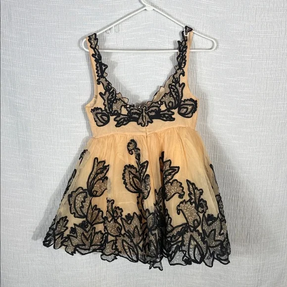 Maeve Nude Tulle Mini Dress with Black Floral Appliqué - Picture 9 of 10